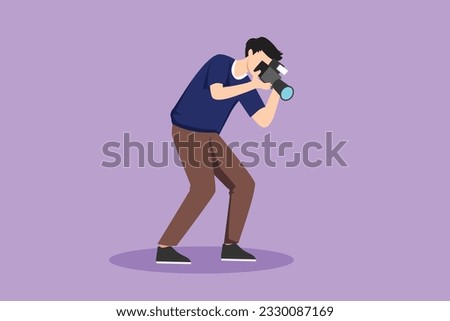 Character flat drawing of stylize professional male photographer with camera taking photo with look down pose. Young man photographer character with camera digital. Cartoon design vector illustration