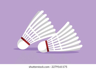 Character flat drawing stylized badminton shuttlecock logo, label, symbol. Macro of a feather shuttlecock. Badminton accessories icon. Sports equipment, competition. Cartoon design vector illustration