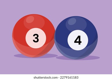 Dibujo plano de carácter estilizó la bola de billar número 3 y 4 logotipo, símbolo. Icono de bolas para billares. Piscina americana de juegos, equipo numerado de snooker, accesorios. Ilustración vectorial de diseño de dibujos animados