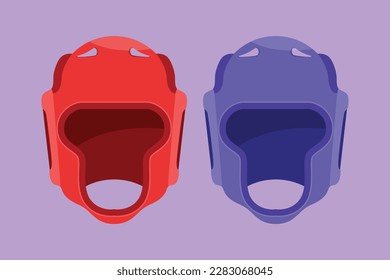 Character flat drawing stylized boxing helmet front view logo, label, symbol. Protection red and blue gym hat. Boxer training equipment. Uniform man mask sport icon. Cartoon design vector illustration