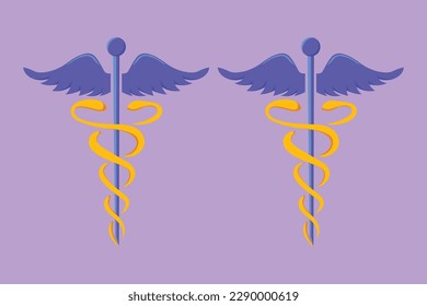 Character flat drawing of stylized caduceus - medical center, pharmacy, hospital with popular symbol of medicine. Medical health care icon, logotype, label, sticker. Cartoon design vector illustration