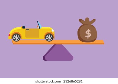 Character flat drawing stylized car, auto loan or transforming assets into cash concept, logo, icon. Car model, US dollar notes in jute bag on simple balance scale. Cartoon design vector illustration