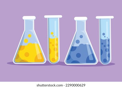 Carácter plano estilizado del logotipo del equipo de laboratorio de investigación química, etiqueta, símbolo. Vasos de laboratorio de química. Tubo de prueba de laboratorio graduado, vaso de agua, matraz. Ilustración vectorial de diseño de dibujos animados