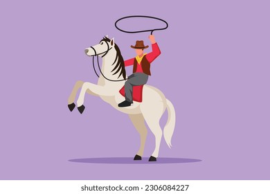 Dibujo plano de carácter estilizado vaquero lanzando lazo en la cría del caballo. Vaquero americano montando caballo y lanzando lazo. Un vaquero lindo con lazo de cuerda sobre el caballo. Ilustración vectorial de diseño de dibujos animados