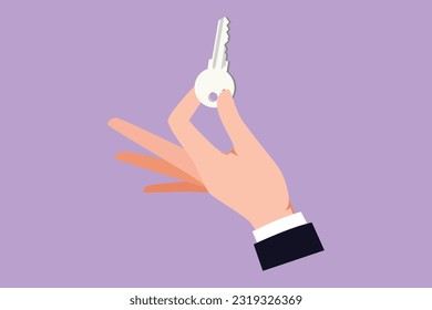 Character flat drawing of stylized hand holding modern key to unlock door logo, icon. Hand holds key. Find the key to solve problems, opportunity, business solution. Cartoon design vector illustration