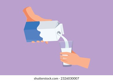 Character flat drawing stylized hand holding carton of milk poured into glass. Hand hold milk box and pour milk into glass. Splash of milk drop from carton box logo. Cartoon design vector illustration