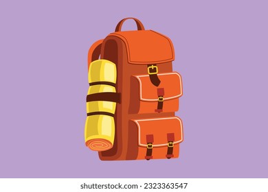 Carácter plano estilizado mochilas de senderismo con sacos de dormir. Campamento, bolsos de caminatas, bolsos. Camping mochila para caminatas, trekking, vacaciones, viajes y turismo. Ilustración vectorial de diseño de dibujos animados