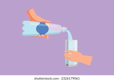 Character flat drawing stylized human hand holding plastic bottle of water, pouring water into glass. Cool mineral natural drink. Glass and bottle holding in hand. Cartoon design vector illustration