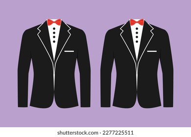 Carácter plano dibujo estilizado hombre logotipo de traje formal, etiqueta, plantilla, volante, pegatina, símbolo. La chaqueta de los hombres. Traje para hombres casados, esmoquin. Icono de ropa en estilo de negocio. Ilustración vectorial de diseño de dibujos animados