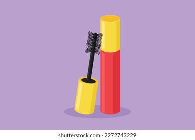 Character flat drawing stylized mascara bottles logotype label icon symbol. Brush and mascara tube. Black wand and golden tube. Fashionable cosmetic makeup for eyes. Cartoon design vector illustration