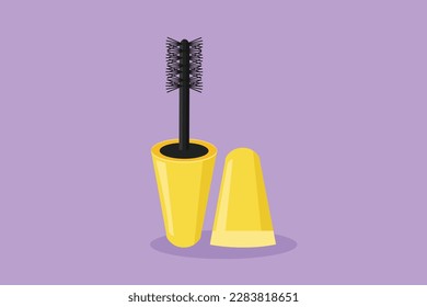 Character flat drawing stylized mascara bottles logotype label icon symbol. Brush and mascara tube. Black wand and golden tube. Fashionable cosmetic makeup for eyes. Cartoon design vector illustration