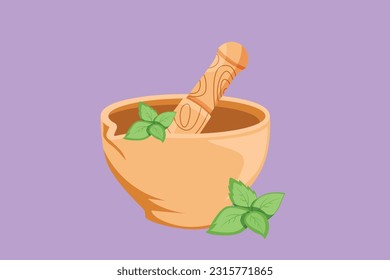Character flat drawing stylized mortar and pestle vintage logo, icon, label, symbol. Ayurvedic medicine bowl. Herbal medicine concept. Isolated on blue background. Cartoon design vector illustration