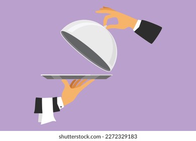 Character flat drawing stylized open tray cloche in hand. Restaurant plate in elegant waiter hand. Food serving tray for cafe, shop, restaurant, and food delivery. Cartoon design vector illustration