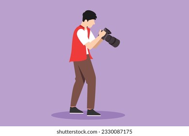 Character flat drawing stylized photographers or paparazzi taking photo with digital cameras with angles. Journalists or reporters checking pictures after shooting. Cartoon design vector illustration