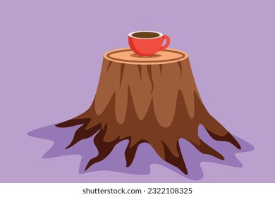 Character flat drawing stylized red campfire enamel coffee mug mockup on log table in campsite or camping ground. Empty mug mock up for design promotion, logo, icon. Cartoon design vector illustration