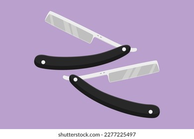 Dibujo plano de caracteres estilizado afeitador. Araña recta con mango y afeitadora húmeda para los hombres. Logotipo, plantilla, icono, símbolo del equipo blade de Barbershop. Ilustración vectorial de diseño de dibujos animados