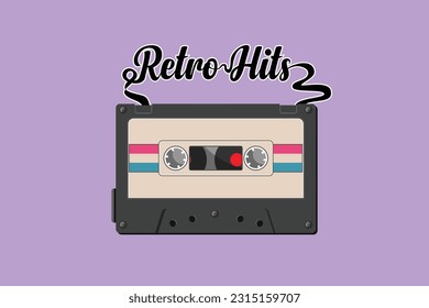 Character flat drawing stylized tape spelling word retro hits. Hand drawing print design. Tape and slogan. Modern musical cassette. Vintage music icon, logo, label. Cartoon design vector illustration