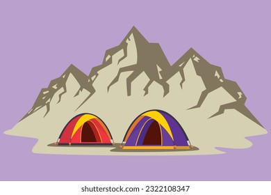 Character flat drawing stylized two tents in adventure camping night landscape. Tent camper tourist forest mountain expedition. Travel and vacation concept, symbol. Cartoon design vector illustration