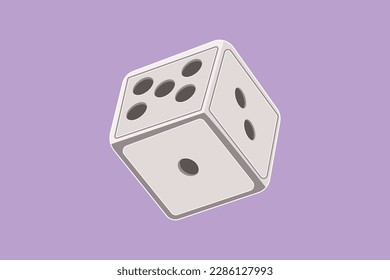 Character flat drawing stylized white dice logo, label, flyer, symbol. Dice with black dots. Dice cube icon, mobile game. White cube by black contour for table game. Cartoon design vector illustration