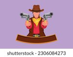 Character flat drawing stylized wild west gunslinger holding two guns. Handsome American cowboys aiming two pistols in the desert. Vintage weapons for self defense. Cartoon design vector illustration