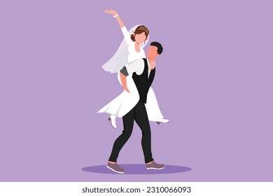 Character flat drawing of sweet married couple with man in suit carrying woman with wedding dress on his back. Happy romantic couple in love celebrate wedding party. Cartoon design vector illustration