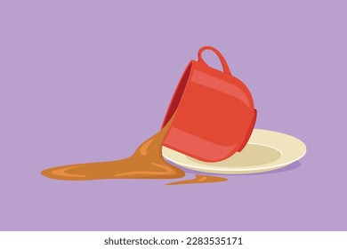 Charaktere flachen Zeichentee verschüttet aus Tasse. Bio-Tee in Keramik-Tasse mit Sand-Glas-Symbol verschüttet. Teekanne, Teekanne. Frühstück Konzept, Etikett, Logo, Symbol. Cartoon-Design, Vektorgrafik