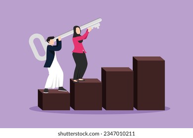 Character flat drawing teamwork. Unlock business solution. Arabian businessman or entrepreneur lifting key and climbing up column chart or stairs to win or success. Cartoon design vector illustration