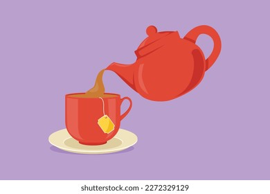 Character flat drawing teapot pouring tea into cup. Icon of pouring organic tea into ceramic cup with sand glass. Teapot, teacup. Breakfast concept label logotype. Cartoon design vector illustration