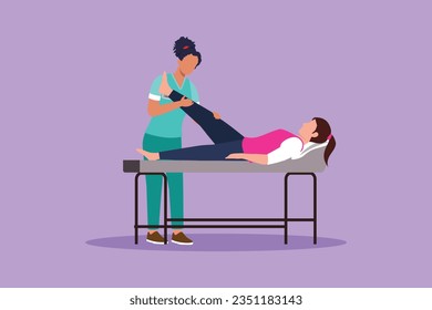 Character flat drawing of therapist helping woman patient to raise leg for exercise. Physical therapy treatment. Rehabilitation center. Passive and active exercise. Cartoon design vector illustration