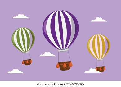 Character flat drawing of three colorful hot air balloon with stripe pattern and a passenger basket. Fun flying vacation experience in the sky with the happy family. Cartoon design vector illustration