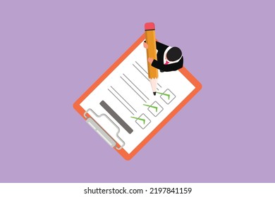 La vista superior de dibujo plano de caracteres del empresario activo escribe una lista de verificación completa en el portapapeles. Concepto de realización satisfactoria de las tareas. Planificación diaria efectiva. Ilustración vectorial de diseño de dibujos animados