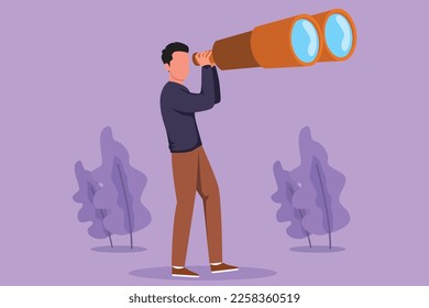 Character flat drawing of tourist man looking through huge binoculars far ahead. Young businessman looking for big business opportunity. Find something interesting. Cartoon design vector illustration