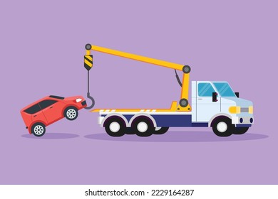 Charakterflacher Ziehschlepper hebt das zerbrochene Auto, das mit dem Kran auf das Fahrzeug hochgehoben werden soll. Beschädigtes Auto bei Verkehrsunfall. Service auf der Autobahn. Cartoon-Design, Vektorgrafik