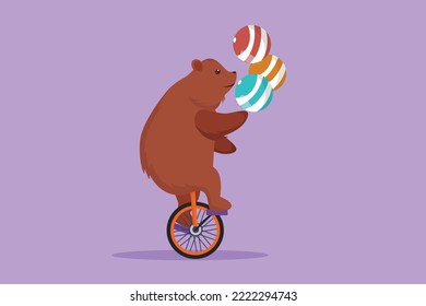 Character flat drawing a trained brown bear juggling striped ball on a one-wheeled bicycle. Audience was amazed by bear's performance. Successful show entertainment. Cartoon design vector illustration