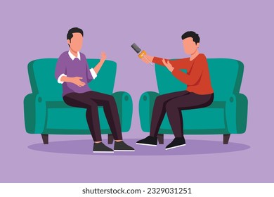 Character flat drawing tv show program interview with famous person. Television or internet broadcast where journalist talks to a celebrity. Journalist, interviewer. Cartoon design vector illustration