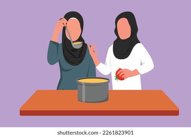Character flat drawing two Arabian woman mixing tomato sauce, tasting, and relish meal with wooden spatula. Friends prepare dinner food at cozy kitchen. Fun cooking. Cartoon design vector illustration