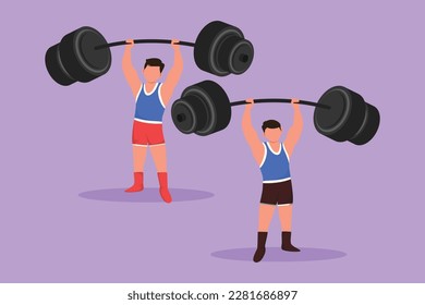 Character flat drawing two athletic sportsman lifting up dumbbell. Bodybuilder fitness model with barbell. Fitness logo badge with muscle man, gymnastic, body build. Cartoon design vector illustration