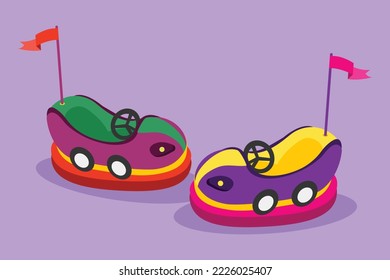 Character flat drawing two colorful electric dodgem car in amusement park arena. Bumper car for kids in funfair festival. Happy childhood memories play with friends. Cartoon design vector illustration