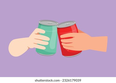 Character flat drawing of two hands clink aluminum can with soda at party. Unhealthy food concept. Soft drink or energy drink. Meeting two friends at birthday party. Cartoon design vector illustration