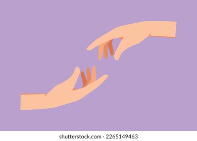 Character flat drawing two human hands reaching each other. Sign or symbol of love, hope, caring, helping, touching. Communication with hand gestures for education. Cartoon design vector illustration