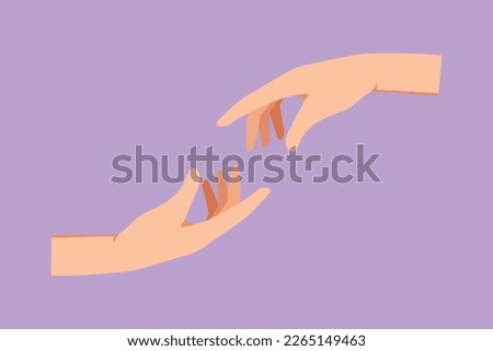 Character flat drawing two human hands reaching each other. Sign or symbol of love, hope, caring, helping, touching. Communication with hand gestures for education. Cartoon design vector illustration