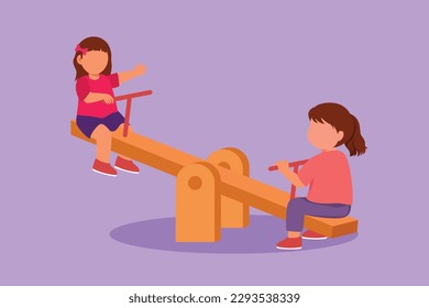 Character flat drawing two little girls swinging on seesaw at outdoor. Kids having fun at playground school. Cute children playing seesaw together happily at park. Cartoon design vector illustration