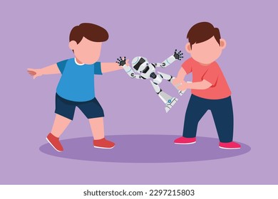 Character flat drawing two little boys fighting over a robot toys. Conflict between children at playground. Angry kids sibling fighting in playroom because of robot. Cartoon design vector illustration