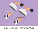 Character flat drawing two open tray cloche in hand symbol. Restaurant plate in elegant waiter hand. Food serving tray for cafe, shop, restaurant, and food delivery. Cartoon design vector illustration