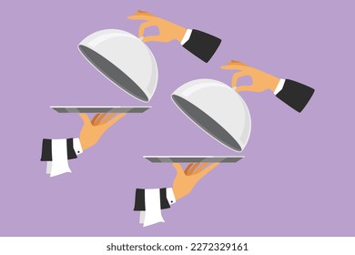 Character flat drawing two open tray cloche in hand symbol. Restaurant plate in elegant waiter hand. Food serving tray for cafe, shop, restaurant, and food delivery. Cartoon design vector illustration