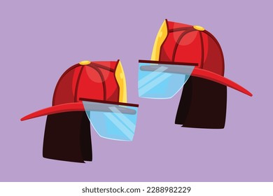 Carácter plano dibujando dos casco rojo de bombero con vidrio protector. Equipo para bomberos o voluntarios. Herramienta e instrumento profesional de extinción de incendios. Ilustración vectorial de diseño de dibujos animados