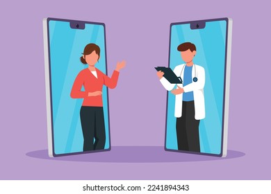 Character flat drawing two smartphone face to face contain young female patient talking online with male doctor while holding clipboard. Digital healthcare concept. Cartoon design vector illustration