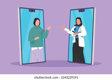 Character flat drawing two smartphone face to face contain Arabian female patient talking online with woman doctor while holding clipboard. Digital or online doctor. Cartoon design vector illustration