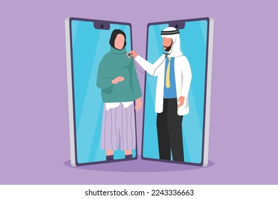 Caracterizar planos planos de dos smartphones enfrentándose con un médico árabe revisando la frecuencia cardíaca de una paciente femenina usando estetoscopio. Aplicación médica para médicos en línea. Ilustración vectorial de diseño de dibujos animados