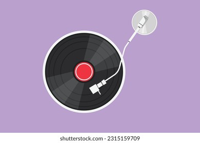 Character flat drawing vinyl record music poster design template with phonograph record vintage retro style. Stylized vinyl record instrument for music performance. Cartoon design vector illustration